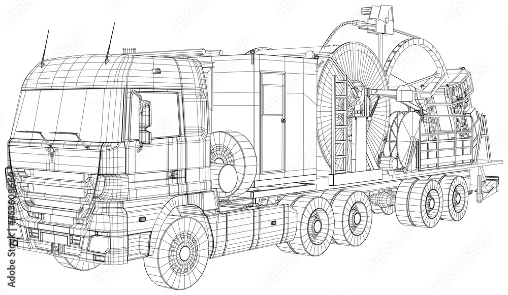 Oilfield coiled tubing equipment. Coiled tubing reel on a trailer. wire-frame. The layers of visible and invisible lines are separated. EPS10 format. Wire-frame.