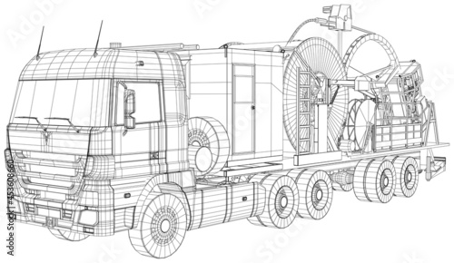 Oilfield coiled tubing equipment. Coiled tubing reel on a trailer. wire-frame. The layers of visible and invisible lines are separated. EPS10 format. Wire-frame.