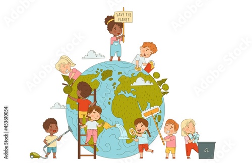 Little Kids Saving Planet Taking Care of Globe Rubbing It with Brush and Planting Trees Vector Illustration