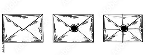 Realistic vintage paper letter envelope vector sketch set. Vintage engraves style with wax seal black and white monochrome illustration.