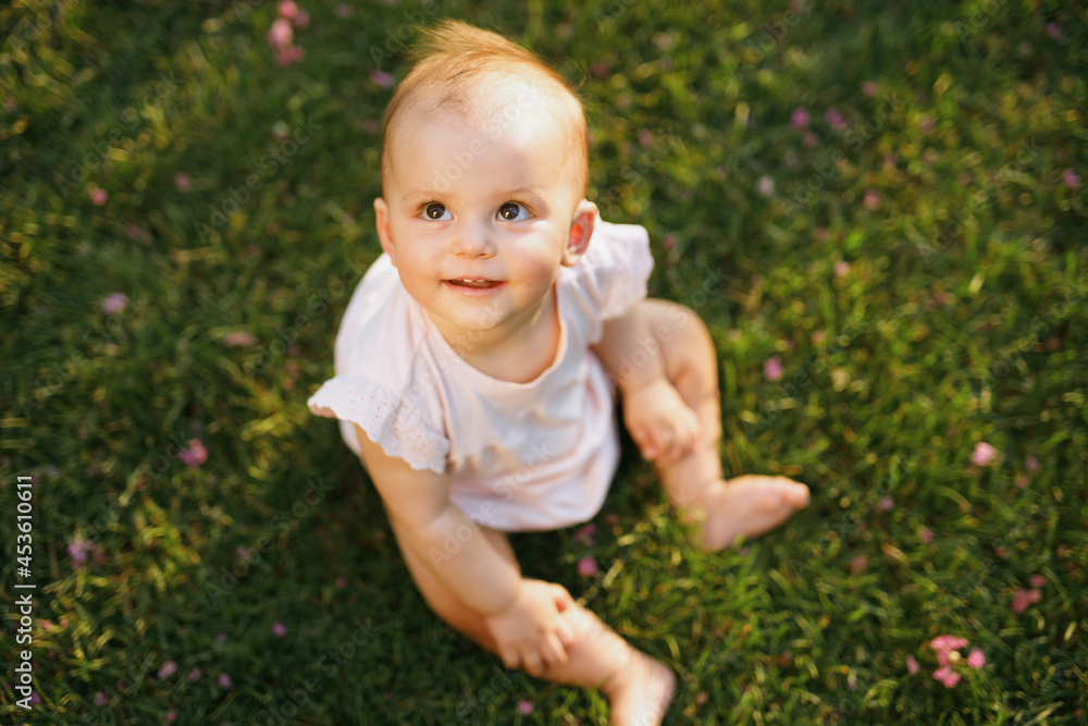 Little girl studies and plays in the park on green grass. Little girl studies and plays in the park on green grass.