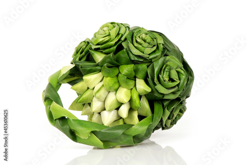 Pandan leaves green leaves fold roses isolated on white surface. photo