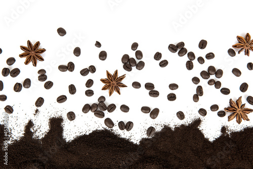 Coffee ground and seeds isolated on white surface. top view ,flat lay. photo