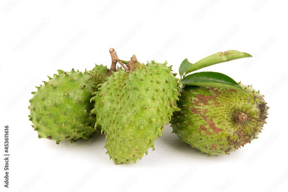 Soursop or annona muricata fruits isolated on white surface. Soursop or annona muricata fruits isolated on white surface.