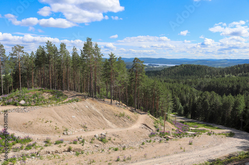 Downhill cycling trail along forest edge in Järvsö Bike Park photo