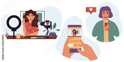 Blogger demonstrating her skills via the Internet.Online user watches a video blog of a popular Blogger on a social network. Popular blogger streaming online.Cartoon vector illustration.Flat design