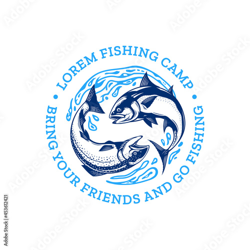 Vector fishing logo with salmon, tuna and water splashes