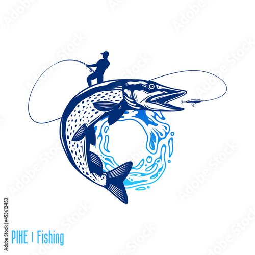Vector fishing logo with fish and fisherman with a fishing rod. Jumping pike and water splash illustration