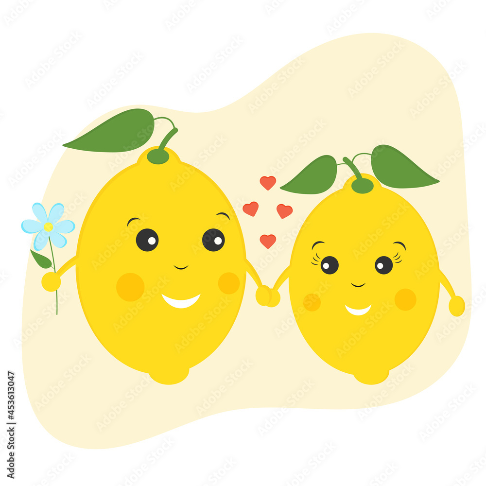 Valentine's Day card, cute yellow lemons, couple in love, lovely fruits,  funny cute illustration. Romantic card for Valentine's day. Lemon couple  cartoon. Citrus fruits characters with funny faces. Stock Vector | Adobe