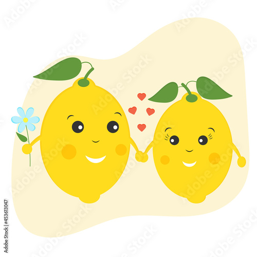 Valentine's Day card, cute yellow lemons, couple in love, lovely fruits, funny cute illustration. Romantic card for Valentine's day. Lemon couple cartoon. Citrus fruits characters with funny faces.
