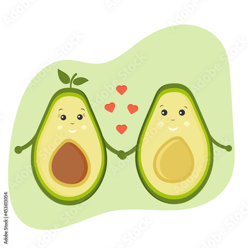 Cute color cartoon avocado couple in love. Valentine's day romantic greeting card. Funny happy cute couple of avocado. Happy couple in love vector illustration. Poster, postcard illustration.