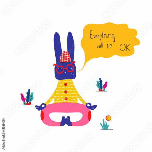 Cute hand drawn rabbit on quarantine meditating. Keep calm. Balance of body and mind. Calmness Concept. Self isolation hand drawn illustration. Cute happy rabbit.