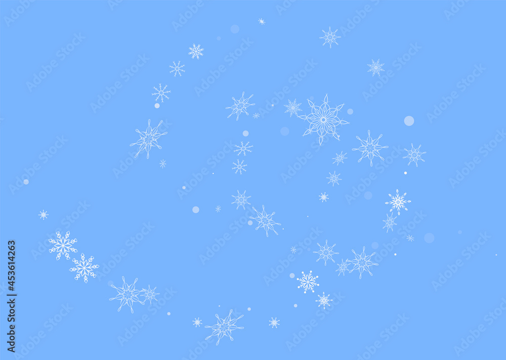 White delicate openwork snowflakes are scattered on a blue background. Festive background, postcard design, wallpaper