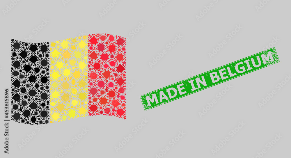 Textured Made in Belgium and mosaic waving Belgium flag designed of sun icons. Green stamp seal has Made in Belgium text inside rectangle. Textured Made in Belgium and mosaic waving Belgium flag designed of sun icons. Green stamp seal has Made in Belgium text inside rectangle.