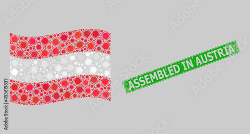 Distress Assembled in Austria and mosaic waving Austria flag designed with sun items. Green seal has Assembled in Austria tag inside rectangle.