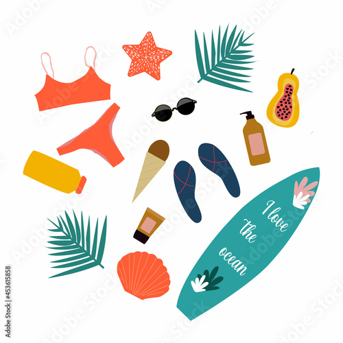Set of cute summer elements: palm leaf, sunglasses, sunscreen, surfboard, orange juice, half papaya, swimsuit, slates, starfish and seashell. Vector