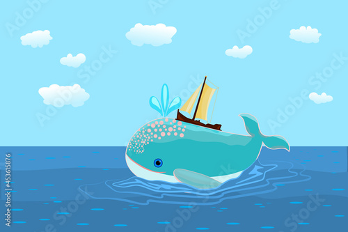 Whale and boat in the ocean. Small yacht on friendly whale in the sea. Traveling ship and smiling blue whale. Deep blue sea. Spirit of adventure.World whales day. Save whales.Stock vector illustration