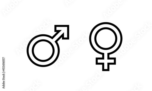 Black Male and female sign. Circle with an arrow and cross down. Belonging to the masculine or female gender. Vector Illustration. EPS10