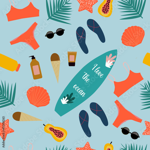 Hand drawn vector abstract cartoon summer time. Fun illustration seamless pattern with palm leaves, orange juice, flip flops, swimsuit, surfboard, sunglasses, papaya, chocolate ice cream, sunscreen.