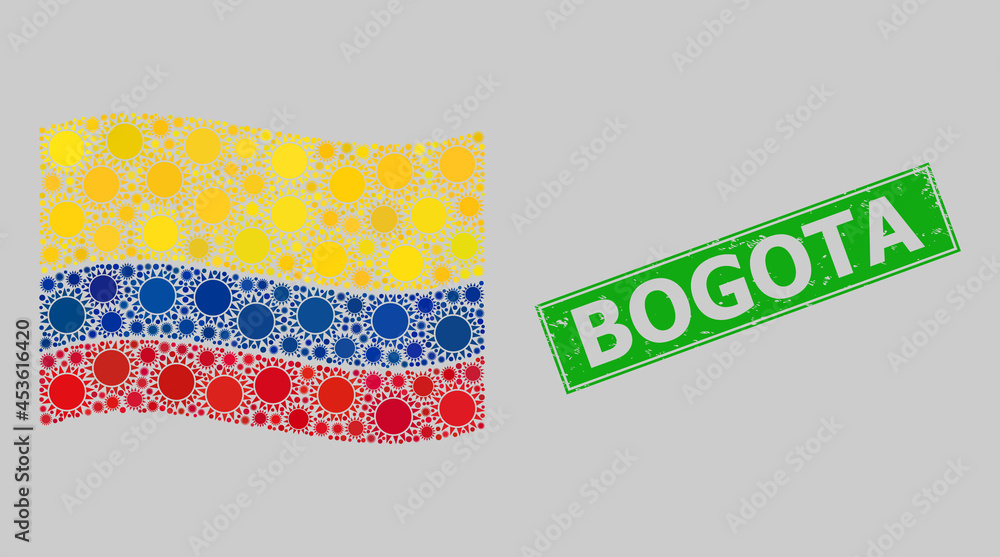 Textured Bogota and mosaic waving Colombia flag designed with sun icons. Green stamp seal includes Bogota title inside rectangle. Textured Bogota and mosaic waving Colombia flag designed with sun icons. Green stamp seal includes Bogota title inside rectangle.
