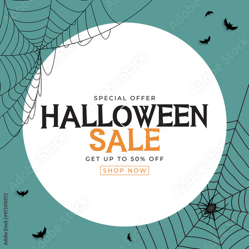 Blue Halloween sale poster with bat and spider. Vector Illustration