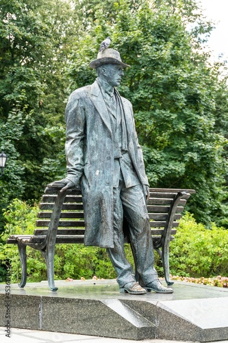 Russia, Veliky Novgorod, August 2021. Monument to the famous composer Rachmaninov in the city park.