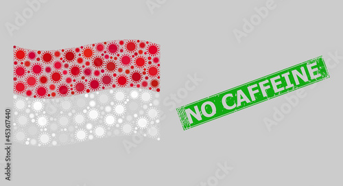 Grunge No Caffeine and mosaic waving Indonesia flag designed of sun items. Green badge has No Caffeine caption inside rectangle.