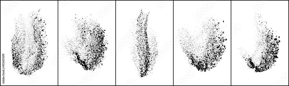 Obraz premium Set of explosion black grainy texture isolated on white background. Dust overlay textured. Dark noise particles. Grunge design elements. Vector illustration, Eps 10.
