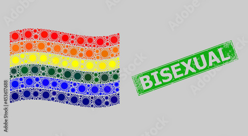 Rubber Bisexual and mosaic waving LGBT flag constructed with sun elements. Green stamp includes Bisexual text inside rectangle. Vector sunny mosaic waving LGBT flag combined for holiday posters.