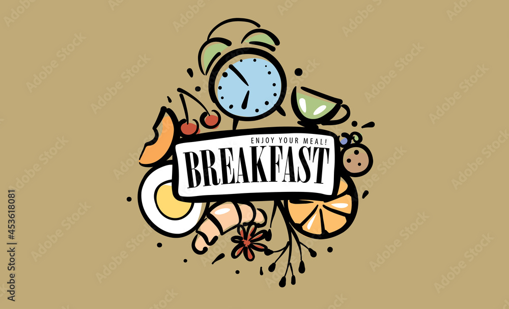 Fototapeta premium A painted set of breakfast products in the form of an emblem