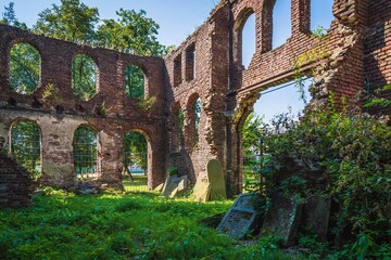 Velyki Mosty, Ukraine - july, 2021: the ruins of Synagogue in Velyki Mosty. 
