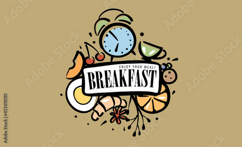 A painted set of breakfast products in the form of an emblem