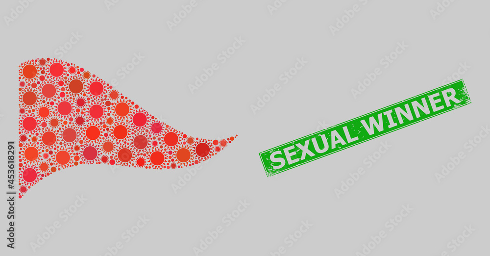Scratched Sexual Winner and mosaic waving red triangle flag designed of sun items. Green badge has Sexual Winner text inside rectangle. Scratched Sexual Winner and mosaic waving red triangle flag designed of sun items. Green badge has Sexual Winner text inside rectangle.
