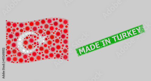 Textured Made in Turkey and mosaic waving Turkey flag constructed of sun elements. Green stamp includes Made in Turkey text inside rectangle. photo