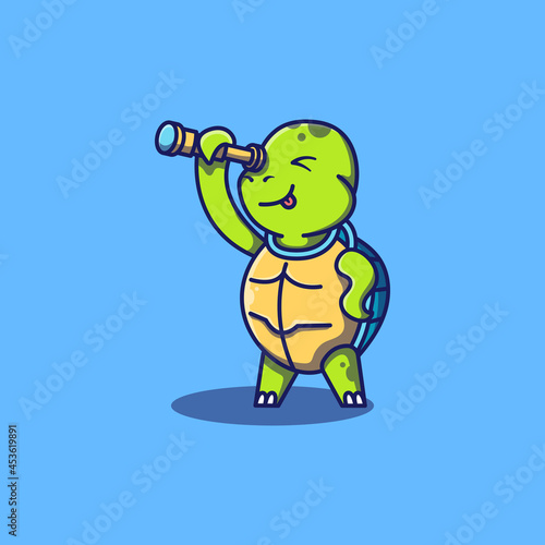 Cute turtle with binoculars looking away vector illustration. Flat cartoon style. Mascot design.