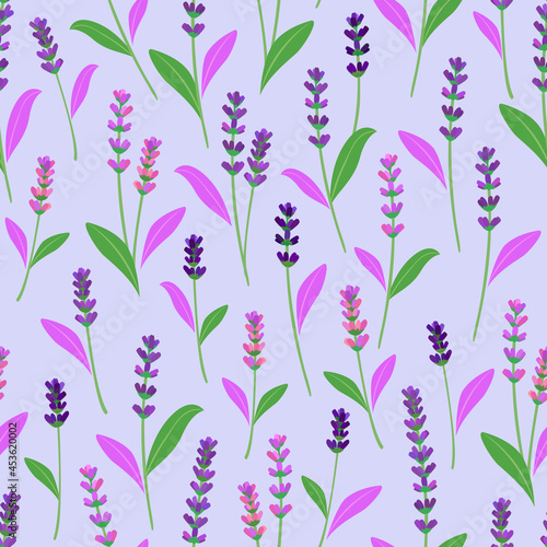 lavender seamless pattern. purple blue lilac violet lavender flowers with blue background and pink green leaves in summer autumn spring season in tropical garden