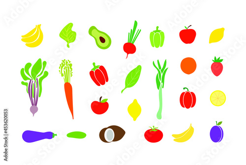 Vector Set of Doodle Fruits and Vegetables Isolated on White Background, Hand Drawn Colorful Illustration, Icons Set, Flat Icons, Berries.