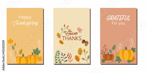 Set of Thanksgiving vector frames. Autumn greeting  Thanksgiving cards  Harvest decoration with thanksgiving messages. Vector illustration.