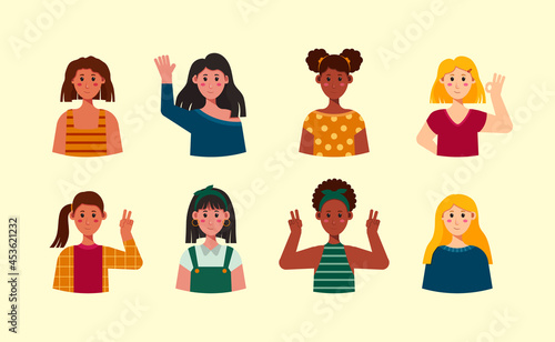 various diversity mixed race of stylish woman portrait illustration set for avatar people with various hair and fashion