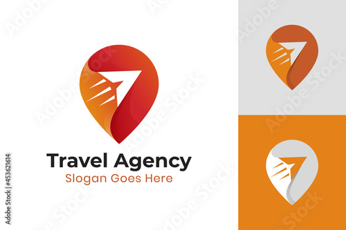 gradient color pin map sign with plane or fast arrow for travel location, agency modern logo template