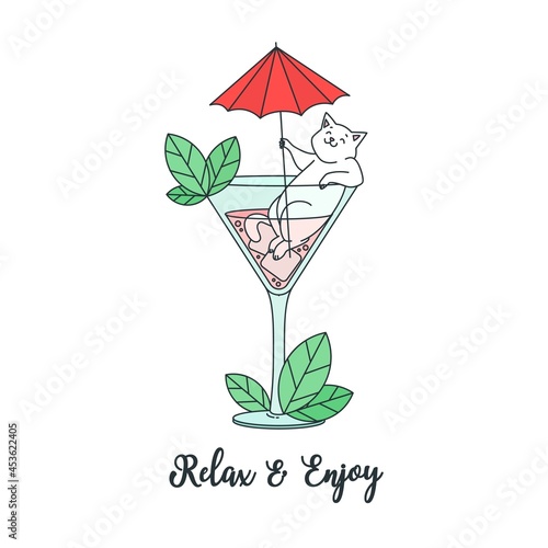 Relax and enjoy. Illustration of funny happy cat sitting in a cocktail glass and holding a cocktail umbrella in his paw. Can be used as banner, flyer or menu cover.