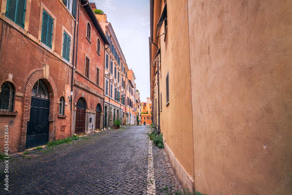 Obraz premium A cobbled old lane in Rome with old dilapided palaces