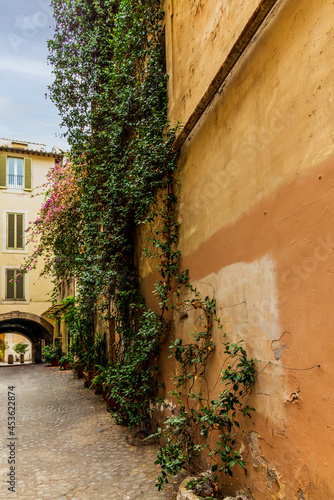 A cobbled old lane in Rome with old dilapided palaces photo