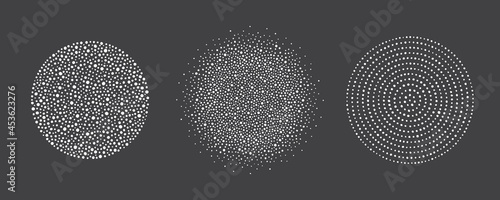 Round shapes, snow circles set. Sphere made of uneven dots of various size, snowflakes, blobs, spots, pearls, beads. New Year, Christmas frame template, design element. Winter backgrounds collection.