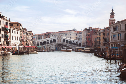 Panoramic view of famous Canal Grande from famous Rialto Bridge in Venice, Italy. No people