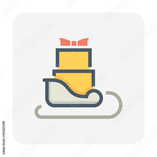 Sleigh and gift vector icon. May called sled or sledge. Land vehicle for Santa Claus to deliver gifts on Christmas Eve. Decorative object for celebration in event i.e. merry christmas, happy new year.