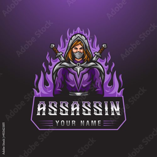 Assassin woman character with two swords and fire background for esport gaming mascot logo template