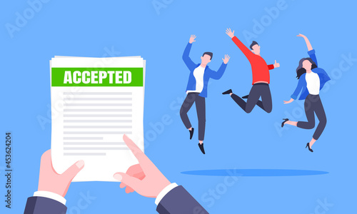 Job or university acceptance letter with envelope and paper sheets document email. Employment offer, college acceptance success or business email form flat style design vector illustration.