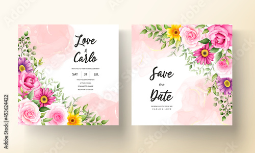 beautiful blooming flower watercolor wedding invitation card