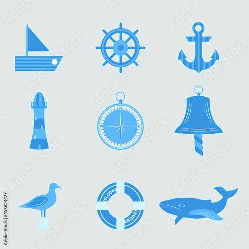Marine sticker pack. Lighthouse, seagull, lifebuoy, anchor, yacht, steering wheel, whale, compass, bell. Set of cute stickers.